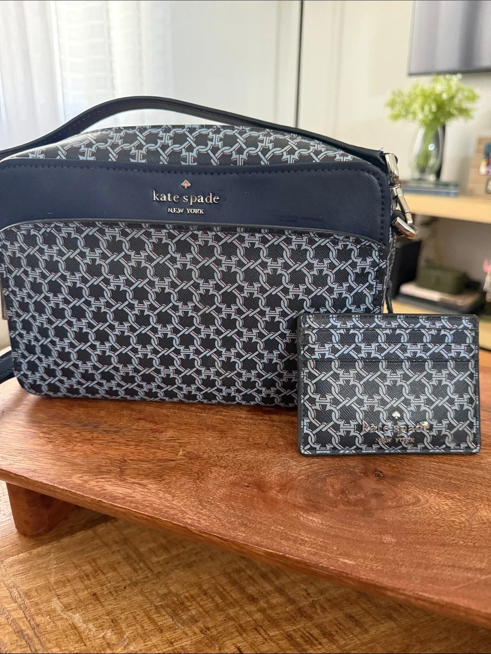 kate spade navy and light blue monogram crossbody with card case